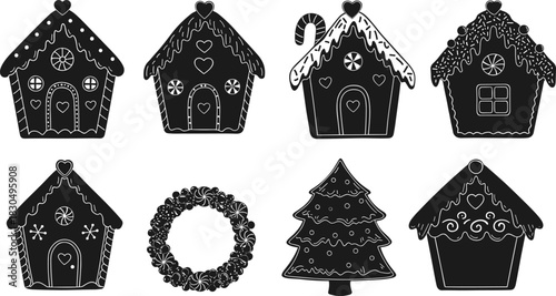 "Gingerbread house silhouettes, festive Christmas icons, holiday wreath and tree, cupcake dessert design, decorative seasonal elements, winter celebration vector graphics, festive illustration"