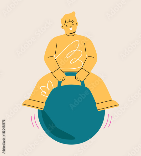 Boy bouncing on hopper ball. Colorful vector illustration