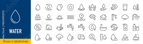 Water web icons in line style. Waterproof, bottle, tap, h2o, rain, shower. Editable stroke. Vector illustration.