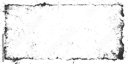 Black distressed grunge border frame on white background with rough edges texture