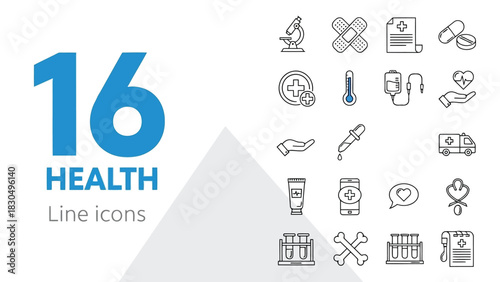 Vector illustration of collection of sixteen linear medical icons, representing various aspects of healthcare and medical equipment
