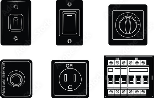 Electrical switch and outlet illustrations, control panel icons, residential safety components, schematic silhouette set, flat vector