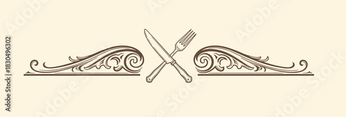 Elegant vintage kitchen divider with crossed knife and spatula and ornate flourishes