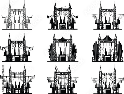 Electrical substation illustrations, infrastructure grid icons, transformer station designs, energy system components, silhouette art, flat vector