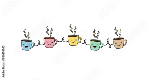 Cute coffee mugs with smiling faces as text separator in colorful design
