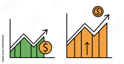 Financial growth charts with dollar symbol and upward trends in green and orange colors