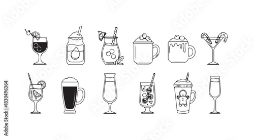 Collection of hand drawn cocktail and beverage silhouettes in a variety of glassware