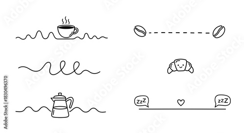 Coffee cup, playful dog and tranquil elements as text separators in light colors