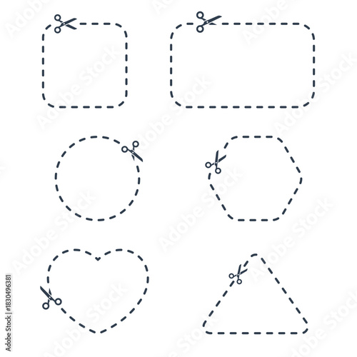 Scissors with line of cut icon set, sewing, tailor and cutoff symbols