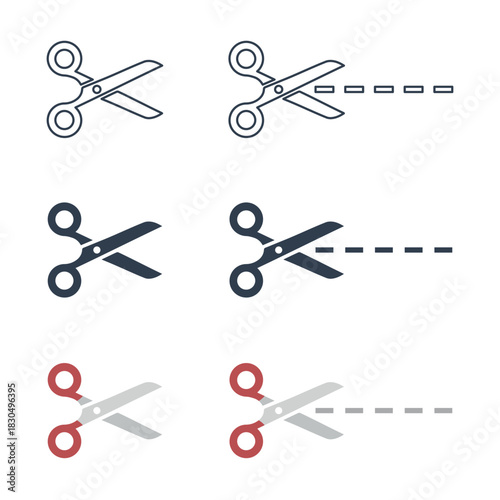 Scissors with line of cut icon set, sewing, tailor and cutoff symbols