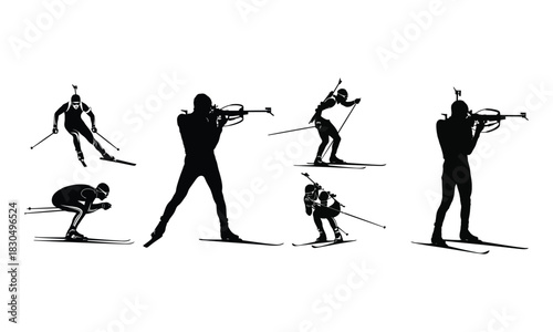 Collection of dynamic black and white silhouette illustrations depicting biathlon athletes in various action poses silhouette
