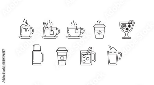 Collection of hand drawn beverage silhouettes featuring hot and cold drinks silhouette