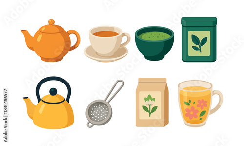 Tea set collection, kettles, teacups, and tea packaging, flat vector illustration