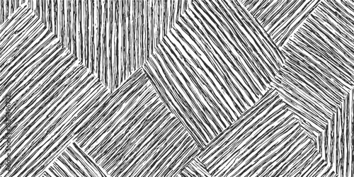 Black and white abstract pattern of hand drawn diagonal and vertical stripes forming geometric shapes