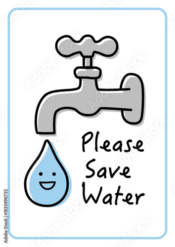節水イラスト。親しみやすい節水の張り紙ポスター。編集可能な線画デザイン。
