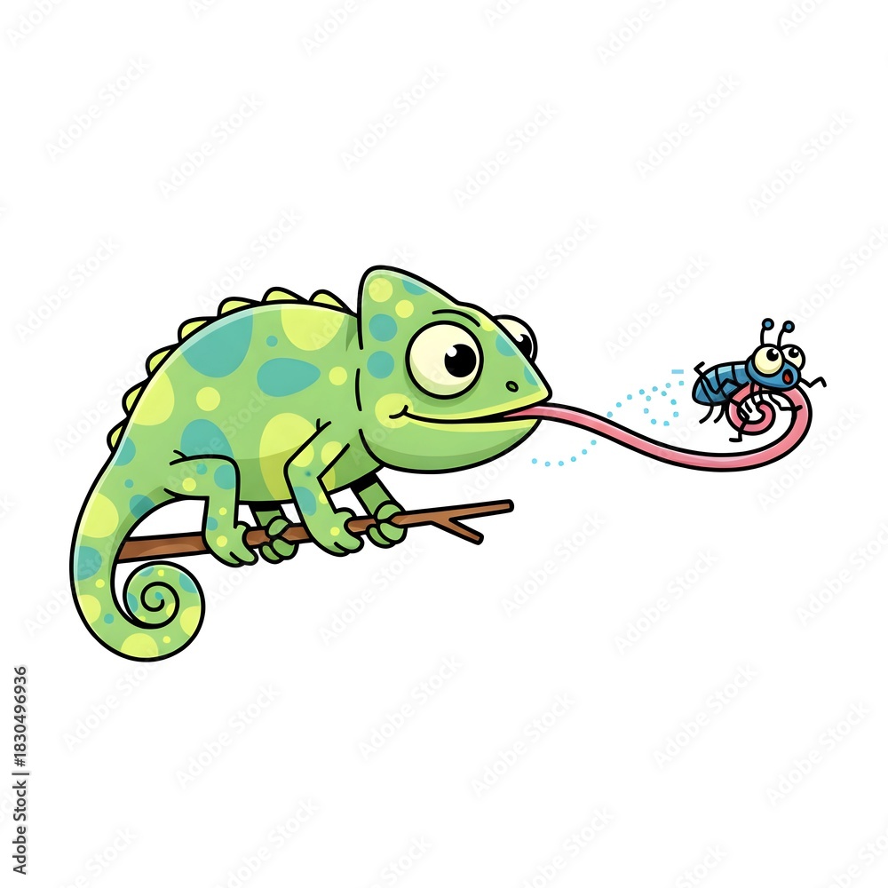 Obraz premium A cartoon chameleon with green and yellow spots sits on a branch, catching a blue and black fly with its long, sticky pink tongue.