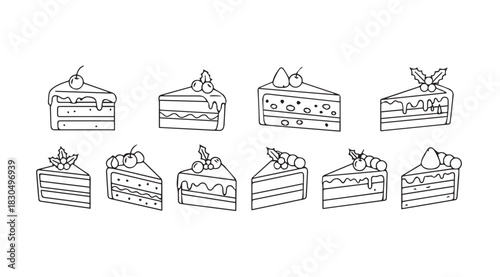 Collection of hand drawn slices of cake with toppings in silhouette