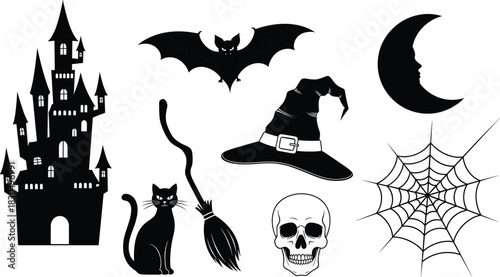 Halloween icon set, haunted castle, spooky bat, witch hat, black cat, skull, crescent moon, spider web, scary theme