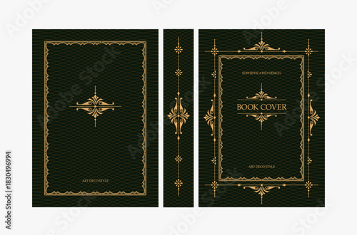 Classic vintage book cover and spine with gold and black art deco, art nouveau ornament, decorative frame, elegant retro style for classic publications, posters, artistic layouts