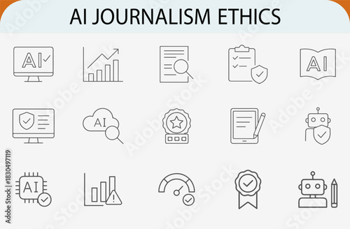 AI journalism ethics line icons set, digital news integrity vector
