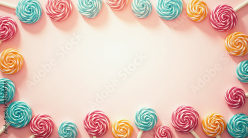 Sweet Candy Border Of Colorful Lollipops Framing A Soft Text Background.