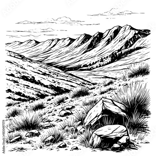 Mountain range and mountain slope with boulders, black and white sketch. Vector illustration. Dry bushes of grass and the sky with clouds, the steppe landscape is isolated on a white background.01