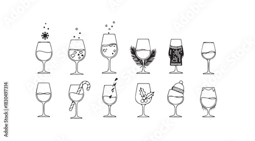 Collection of hand drawn cocktail glasses with various garnishes silhouette
