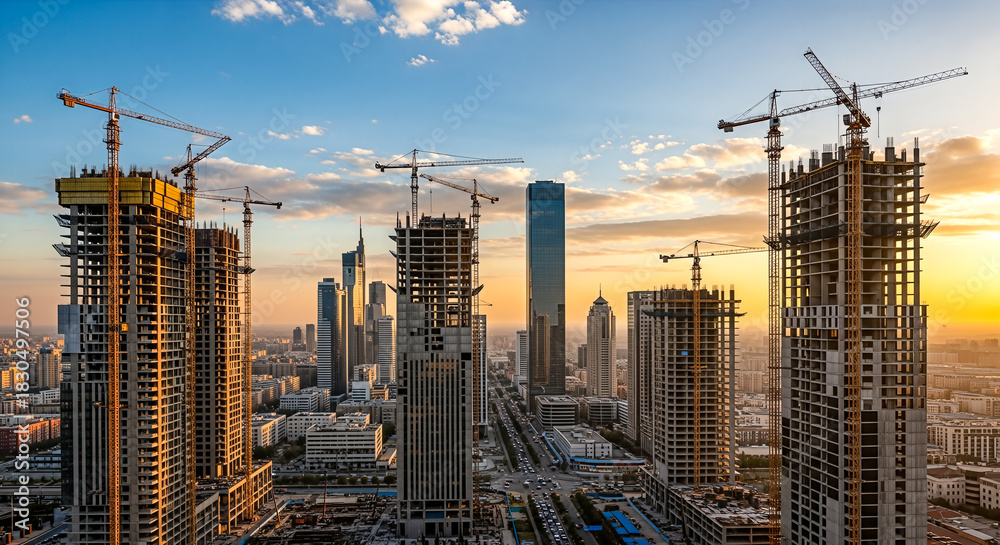 Obraz premium Panoramic view of city construction site with cranes building new skyscrapers at sunset urban development real estate investment architecture growth industry
