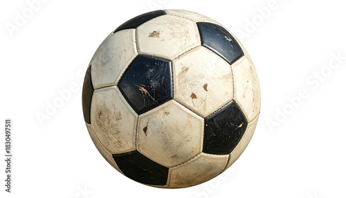 Worn soccer ball, black & white panels, isolated