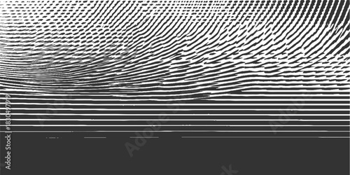 Black and white abstract pattern of curved and straight lines with dots background