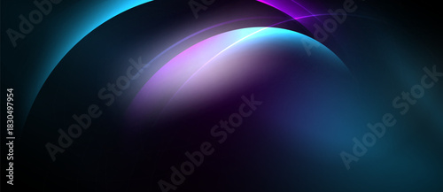 Abstract gradients blend, creating luminous curves. Dark background emphasizes vibrant blues, purples, whites. Minimalist design evokes futuristic feel.