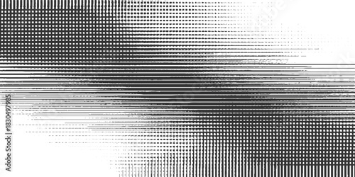 Black and white abstract pattern of dots and lines transitioning from dense to sparse background texture