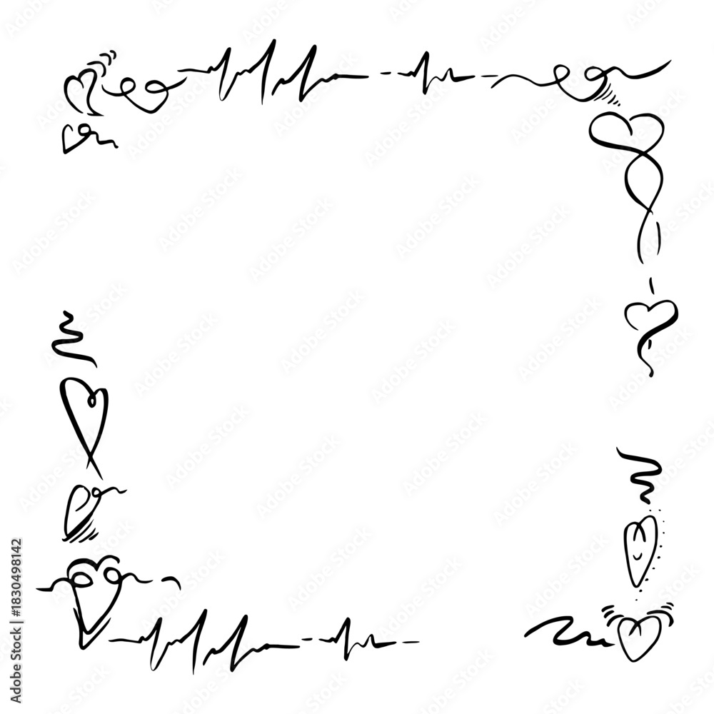 Obraz premium Stylized heart icons and heartbeat pulse ECG line rhythm wrapping square edge with copy space. Vector hand drawn frame, ink and pen. Romantic wedding menu poster, cute love border, digital template.