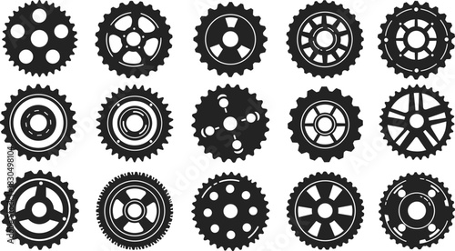 Gear silhouette collection, cogwheel icons illustration, mechanical artwork, engineering design, machinery parts concept, industrial technology symbol set
