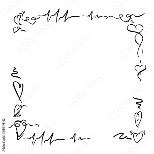 Stylized heart icons and heartbeat pulse ECG line rhythm wrapping square edge with copy space. Vector hand drawn frame, ink and pen. Romantic wedding menu poster, cute love border, digital template.