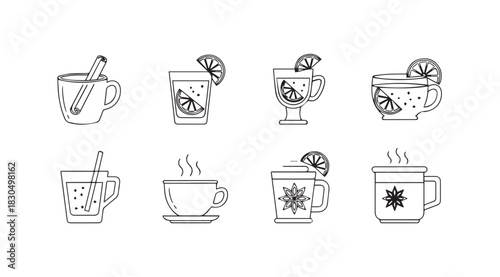 Collection of hand drawn festive hot drink silhouettes with garnishes