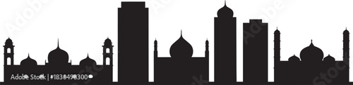 Black silhouette cityscape panorama of an indian or middle eastern city with mosques and towers