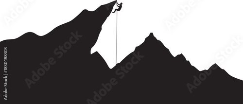 Black silhouette of rugged mountain peaks and ridge line with climber ascending illustration