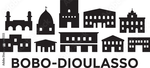 Bobo-dioulasso city skyline vector silhouette set featuring mosque dome minaret architecture