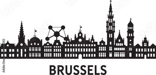 Brussels belgium famous skyline black vector silhouette with atomium landmark icon background design.