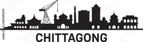 Chittagong bangladesh asian cityscape silhouette vector illustration with port cranes background.