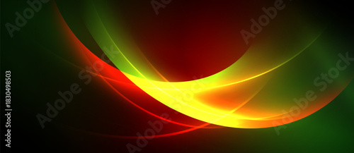 Abstract vibrant curves, flowing shapes. Red, yellow, green hues blend into darkness. Dynamic light creates energy, visual impact.
