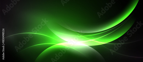 Abstract green waves, bright center glow. Smooth curves create dynamic visual effect. Dark background enhances luminosity.