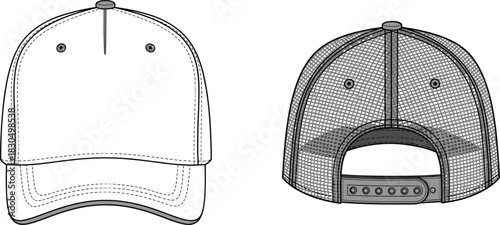 Baseball cap technical sketch, front and back view, curved brim, mesh back, snapback closure, ventilation eyelets, vector fashion drawing, blueprint