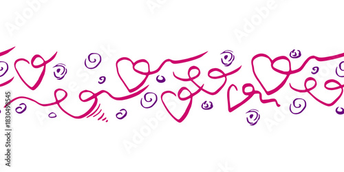 Romantic ink doodle hearts, spiral swirls flow forms in border ornament, hand drawn free style. Vector seamless banner illustration. Valentine gift wrapping header, digital template, blog decoration.