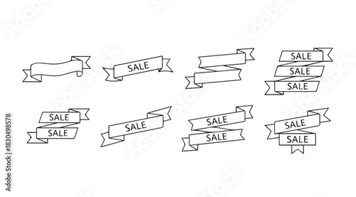 Collection of hand drawn sale banners and ribbons in a sketchy silhouette style
