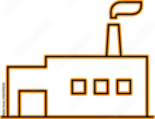 Simple line art icon of a factory building with smoke