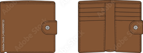 Brown leather wallet, closed and open view, snap button closure, multiple card slots, cash compartments, stitched edges, realistic vector illustration, isolated design