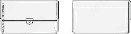 Front and back view of rectangular pouch with flap and stitching detail, minimalist wallet design illustration for fashion and product catalog