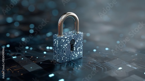Futuristic digital padlock on a luminous circuit network